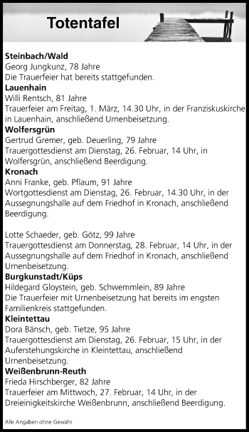 Anzeige von Totentafel vom 26.02.2019 von MGO