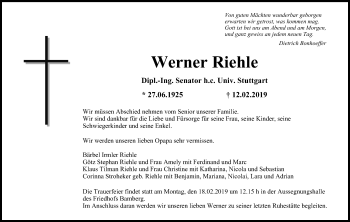 Anzeige von Werner Riehle von MGO