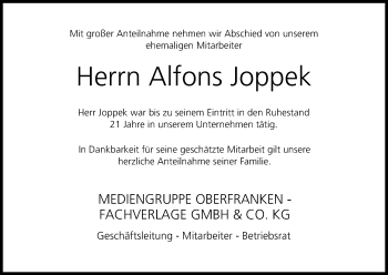 Anzeige von Alfons Joppek von MGO