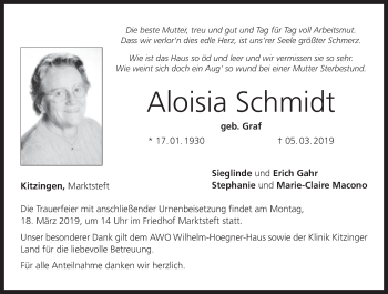 Anzeige von Aloisia Schmidt von MGO