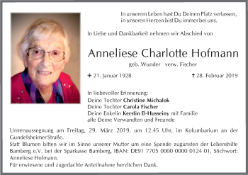 Anzeige von Anneliese Charlotte Hofmann von MGO