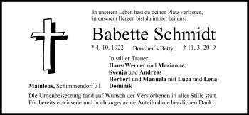 Anzeige von Babette Schmidt von MGO