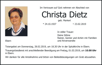 Anzeige von Christa Dietz von MGO