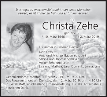 Anzeige von Christa Zehe von MGO