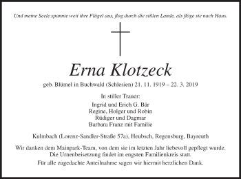 Anzeige von Erna Klotzeck von MGO