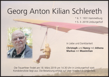 Anzeige von Georg Anton Kilian Schlereth von MGO