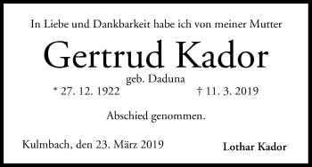 Anzeige von Gertrud Kador von MGO