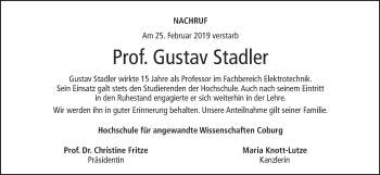 Anzeige von Gustav Stadler von MGO
