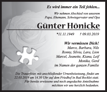 Anzeige von Günter Hönicke von MGO