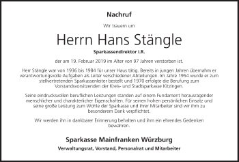 Anzeige von Hans Stängle von MGO