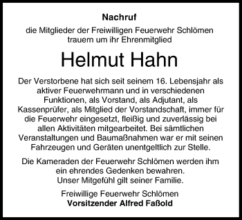 Anzeige von Helmut Hahn von MGO