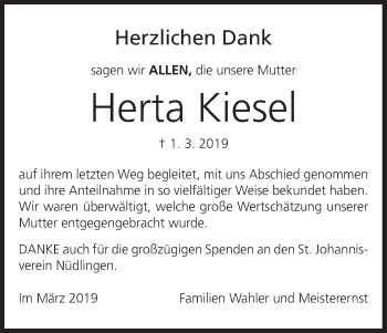 Anzeige von Herta Kiesel von MGO