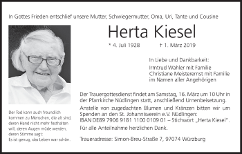 Anzeige von Herta Kiesel von MGO