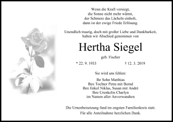 Anzeige von Hertha Siegel von MGO