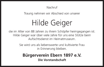Anzeige von Hilde Geiger von MGO