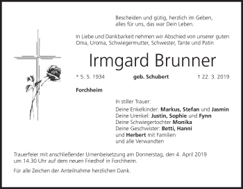 Anzeige von Irmgard Brunner von MGO