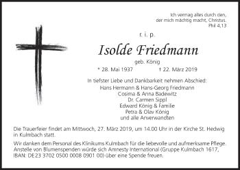 Anzeige von Isolde Friedmann von MGO