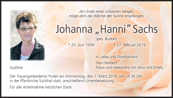 Anzeige von Johanna Sachs von MGO