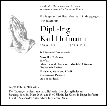 Anzeige von Karl Hofmann von MGO