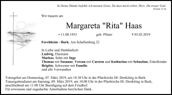 Anzeige von Margareta Rita Haas von MGO