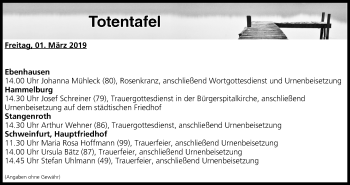 Anzeige von Totentafel vom 01.03.2019 von MGO