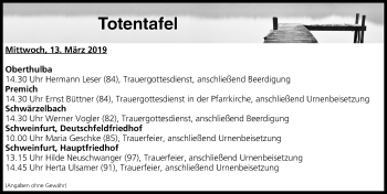 Anzeige von Totentafel vom 13.03.2019 von MGO