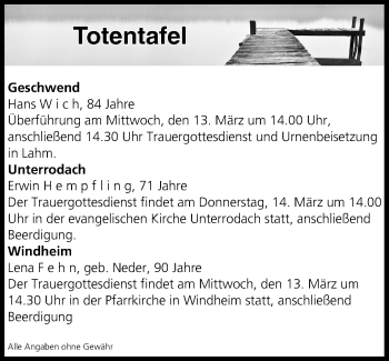 Anzeige von Totentafel vom 13.03.2019 von MGO
