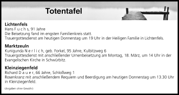 Anzeige von Totentafel vom 14.03.2019 von MGO