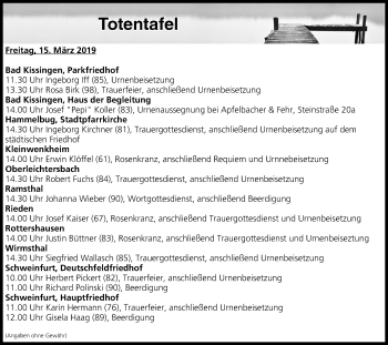 Anzeige von Totentafel vom 15.03.2019 von MGO