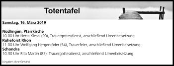 Anzeige von Totentafel vom 16.03.2019 von MGO