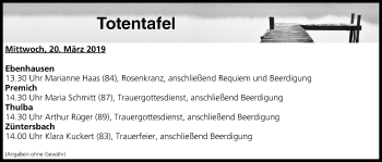 Anzeige von Totentafel vom 20.03.2019 von MGO
