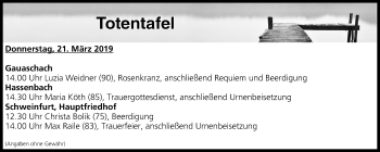 Anzeige von Totentafel vom 21.03.2019 von MGO