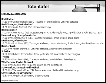 Anzeige von Totentafel vom 22.03.2019 von MGO