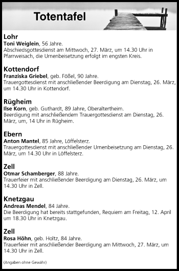 Anzeige von Totentafel vom 26.03.2019 von MGO