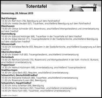 Anzeige von Totentafel vom 28.02.2019 von MGO