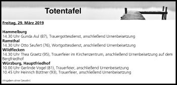 Anzeige von Totentafel vom 29.03.2019 von MGO