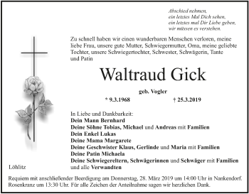 Anzeige von Waltraud Gick von MGO