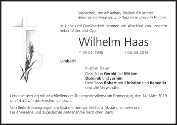 Anzeige von Wilhelm Haas von MGO