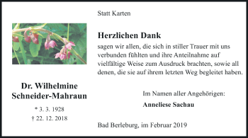 Anzeige von Wilhelmine Schneider-Mahraun von MGO