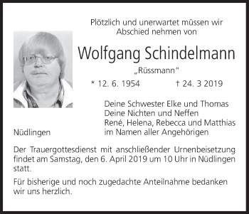 Anzeige von Wolfgang Schindelmann von MGO