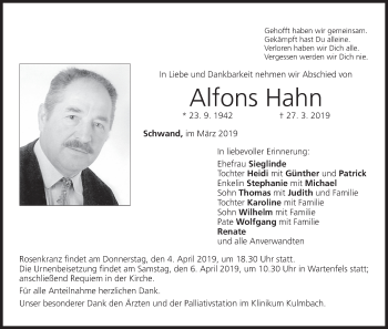 Anzeige von Alfons Hahn von MGO