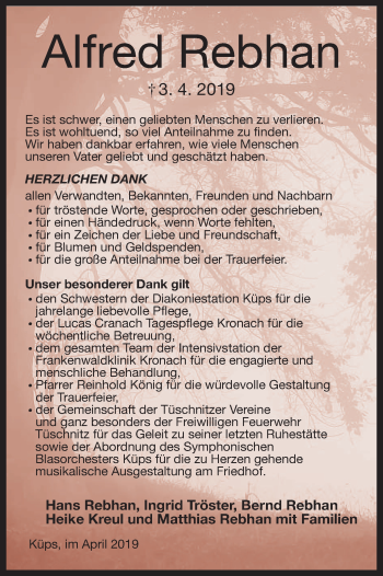 Anzeige von Alfred Rebhan von MGO
