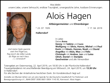 Anzeige von Alois Hagen von MGO