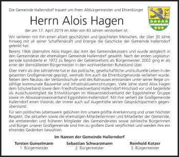 Anzeige von Alois Hagen von MGO