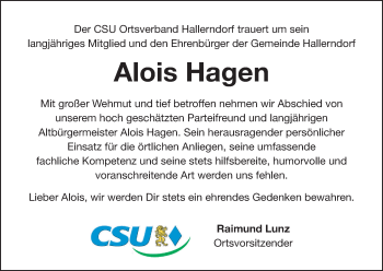 Anzeige von Alois Hagen von MGO