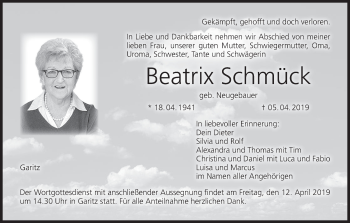 Anzeige von Beatrix Schmück von MGO