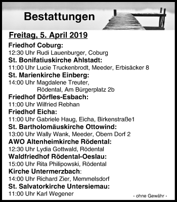 Anzeige von Bestattungen vom 05.04.2019 von MGO