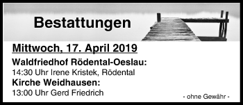 Anzeige von Bestattungen vom 17.04.2019 von MGO