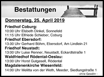 Anzeige von Bestattungen vom 25.04.2019 von MGO