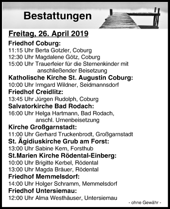 Anzeige von Bestattungen vom 26.04.2019 von MGO